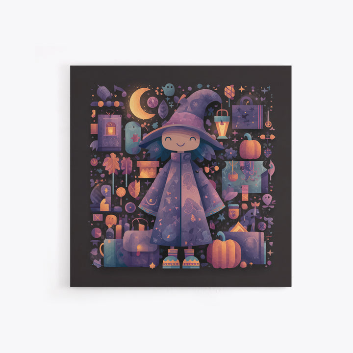 The Moonlight Pajama Witch, Pixel Halloween Art, Square Wall Art, Canvas Print, Cute Halloween Wall Art