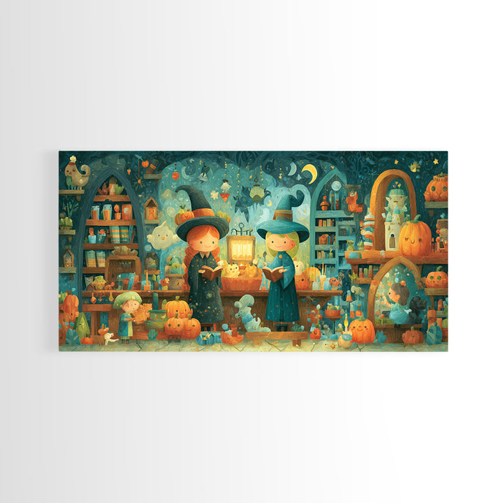 The Tiny Hat Shop Witch, Vector Halloween Art, Wide Panoramic Art, Framed Canvas Print, Cute Halloween Wall Art