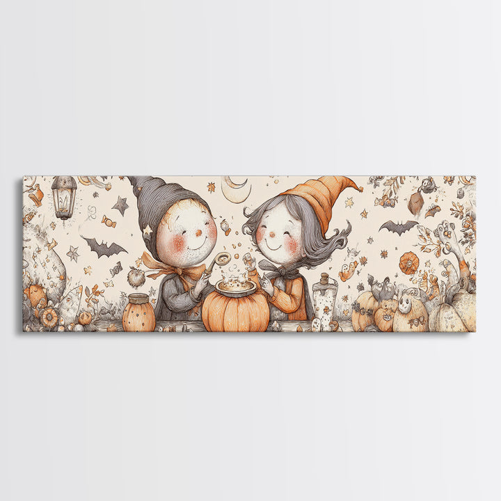 The Pumpkin Potion Twins, Hand Sketch Halloween Art, Extra Wide Wall Art, Canvas Print, Cute Halloween Wall Art