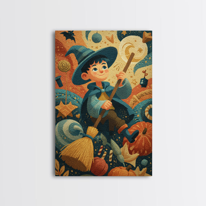 The Stardust Apprentice, Gouache Halloween Art, Vertical Wall Art, Canvas Print, Cute Halloween Wall Art
