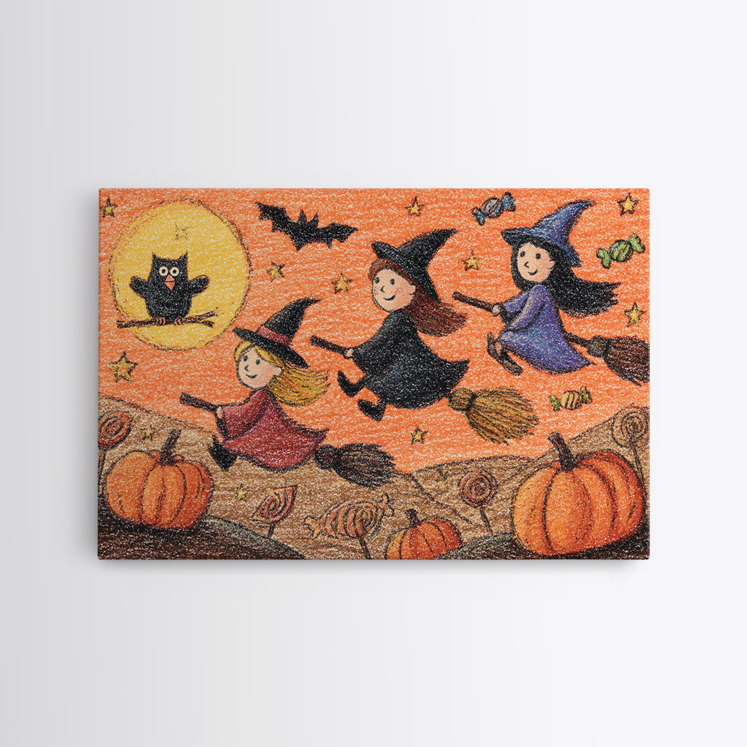 The Broomstick Riding Lesson, Crayon Halloween Art, Landscape Wall Art, Framed Canvas Print, Cute Halloween Wall Art