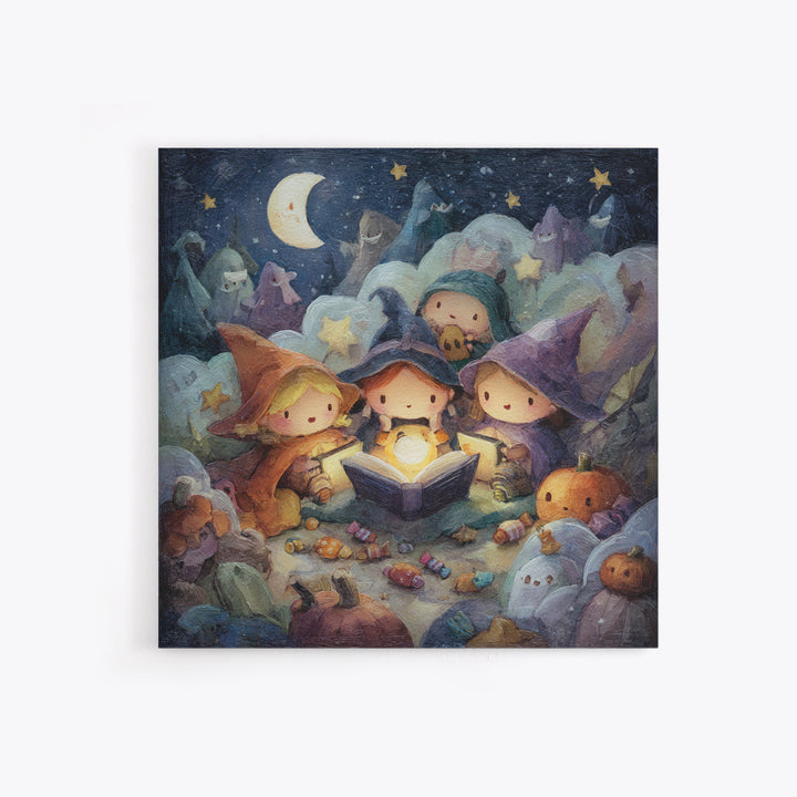 The Spellbook Sleepover, Pastel Halloween Art, Square Wall Art, Canvas Print, Cute Halloween Wall Art
