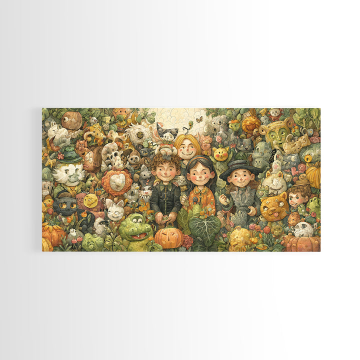 The Friendly Familiar Club, Paper Collage Halloween, Wide Panoramic Art, Framed Canvas Print, Cute Halloween Wall Art
