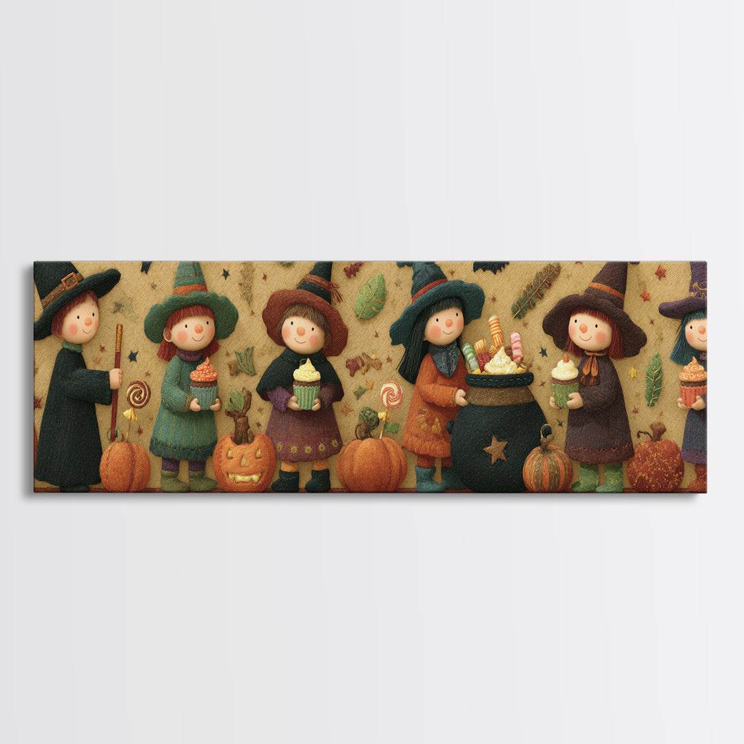 The Cupcake Cauldron Class, Felt Halloween Art, Extra Wide Wall Art, Canvas Print, Cute Halloween Wall Art