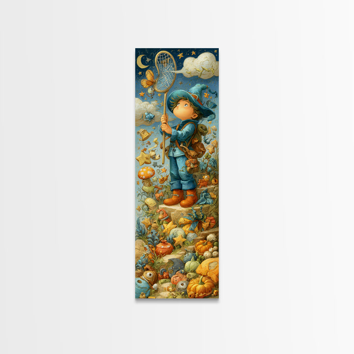 The Cloud-Catching Wizard, Clay Halloween Art, Tall Narrow Wall Art, Framed Canvas Print, Cute Halloween Wall Art