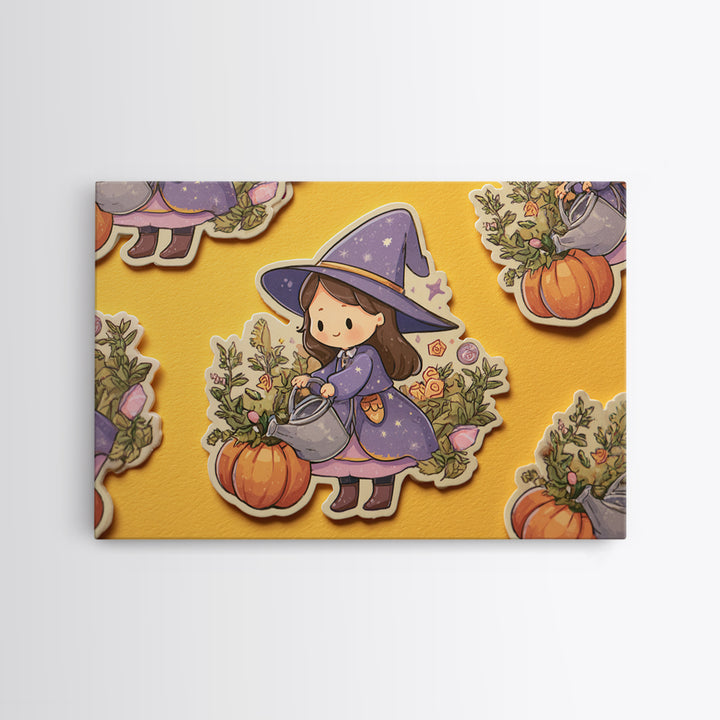 The Moon Garden Witch, Kawaii Halloween Art, Landscape Wall Art, Framed Canvas Print, Cute Halloween Wall Art