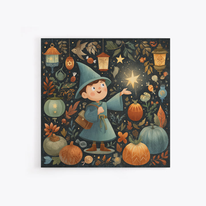 The Lantern-Light Wizard, Retro Halloween Art, Square Wall Art, Canvas Print, Cute Halloween Wall Art
