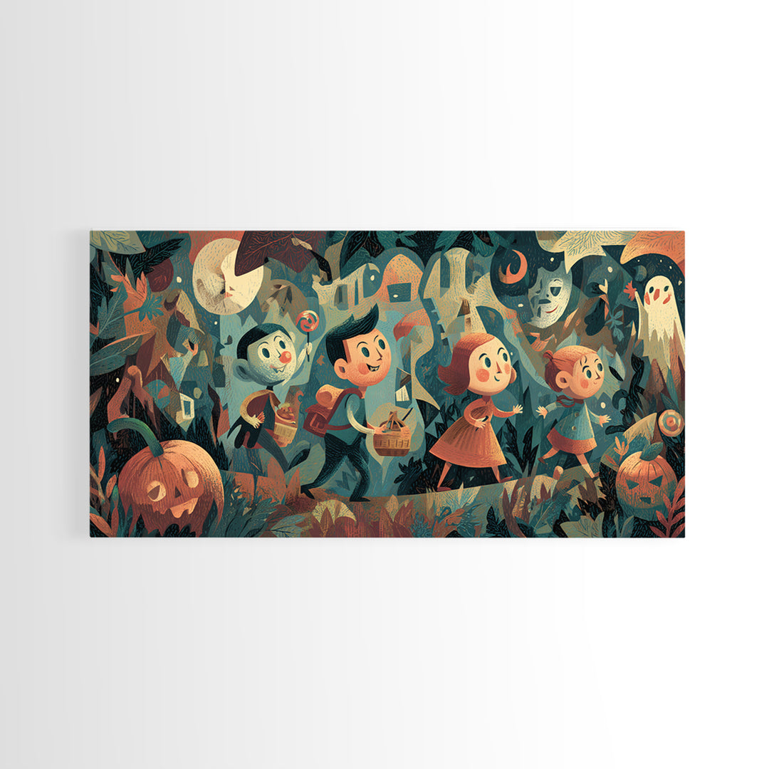 The Candy Map Adventurers, Screenprint Halloween Art, Wide Panoramic Art, Framed Canvas Print, Cute Halloween Wall Art