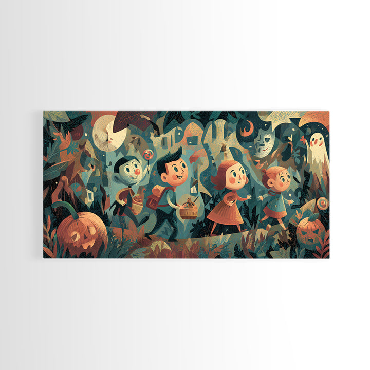 The Candy Map Adventurers, Screenprint Halloween Art, Wide Panoramic Art, Framed Canvas Print, Cute Halloween Wall Art