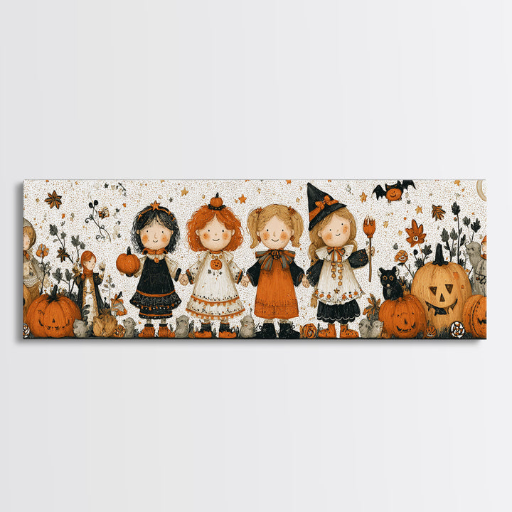 The Halloween Friendship Spell, Folk Halloween Art, Extra Wide Wall Art, Canvas Print, Cute Halloween Wall Art
