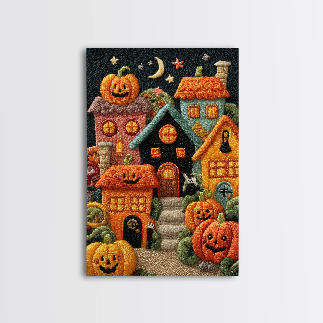Pumpkin Cottage Lane, Embroidered Halloween Art, Vertical Wall Art, Canvas Print, Cute Halloween Wall Art