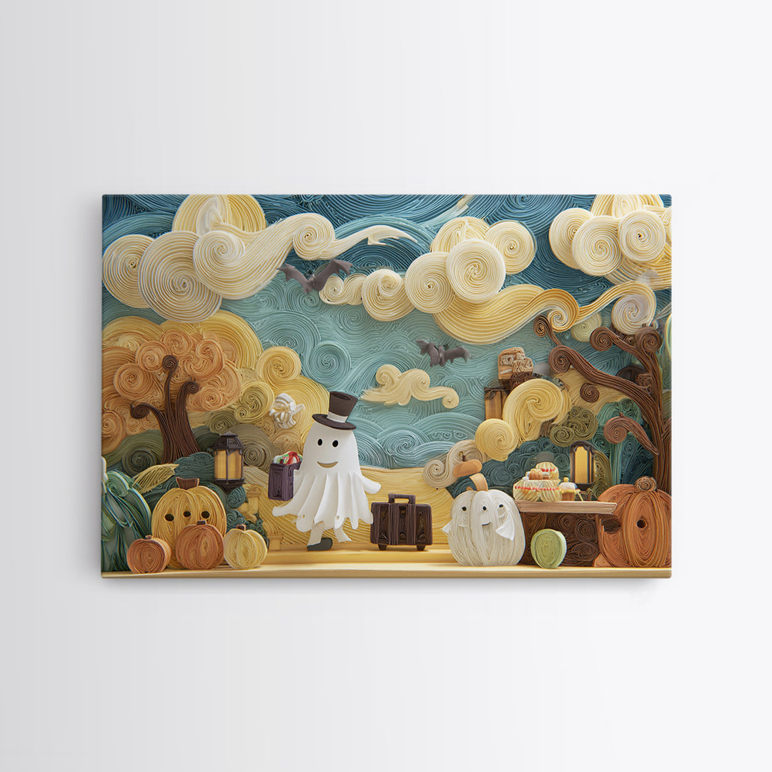The Friendly Ghost Hotel, Quilled Halloween Art, Landscape Wall Art, Framed Canvas Print, Cute Halloween Wall Art