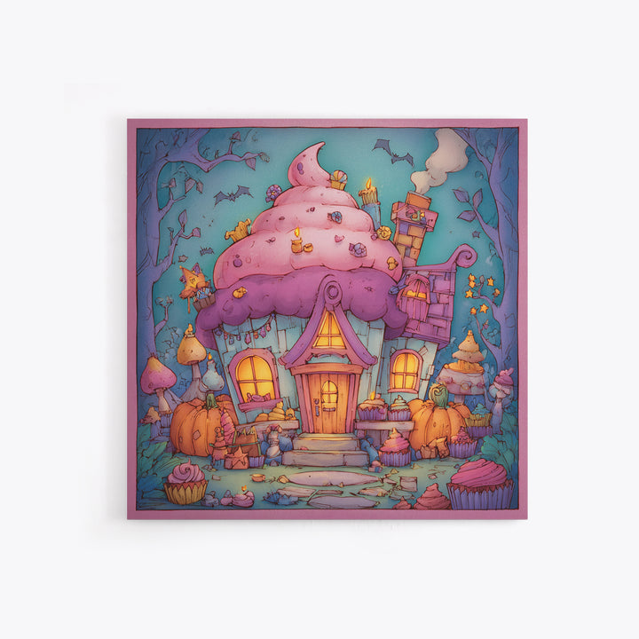 The Witch'S Cupcake Cottage, Stained Glass Halloween, Square Wall Art, Canvas Print, Cute Halloween Wall Art