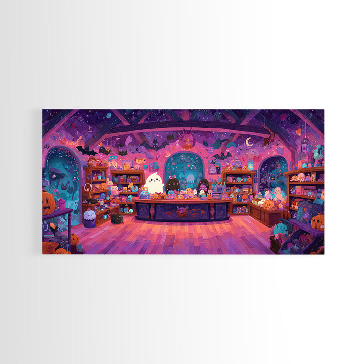 The Moonlight Toy Shop, Vaporwave Halloween Art, Wide Panoramic Art, Framed Canvas Print, Cute Halloween Wall Art