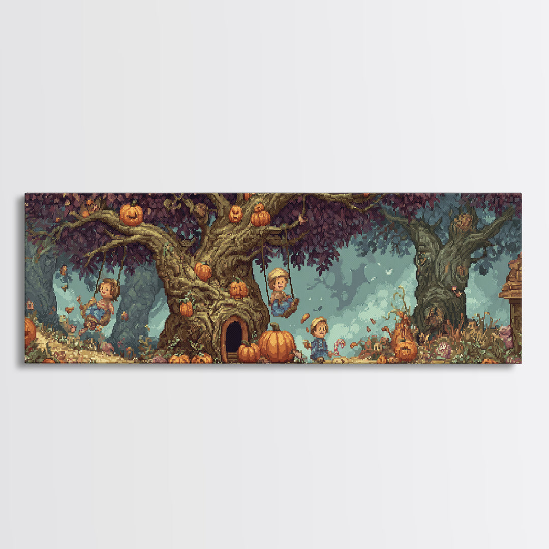 The Pumpkin Patch Playground, Pixel Halloween Art, Extra Wide Wall Art, Canvas Print, Cute Halloween Wall Art