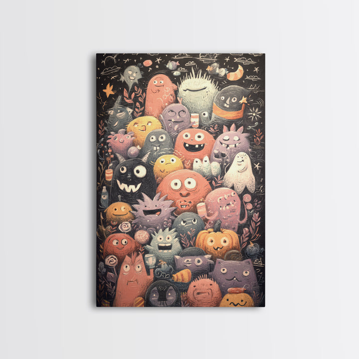 The Little Monster School, Hand Sketch Halloween Art, Vertical Wall Art, Canvas Print, Cute Halloween Wall Art