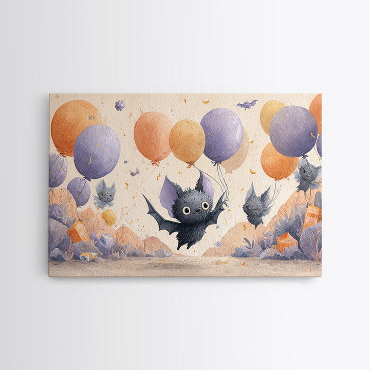 The Bat Balloon Factory, Watercolor Halloween Art, Landscape Wall Art, Framed Canvas Print, Cute Halloween Wall Art