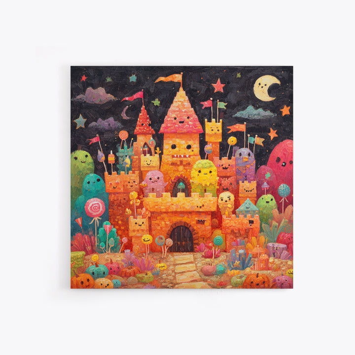 The Candy Castle, Gouache Halloween Art, Square Wall Art, Canvas Print, Cute Halloween Wall Art, Halloween Kids Decor