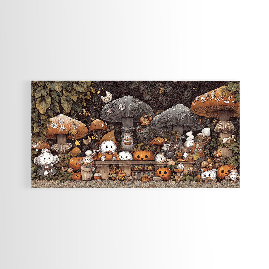 The Friendly Forest Cafe, Crayon Halloween Art, Wide Panoramic Art, Framed Canvas Print, Cute Halloween Wall Art