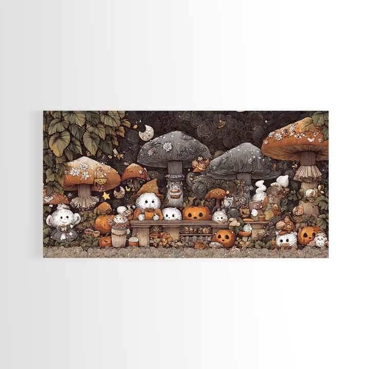 The Friendly Forest Cafe, Crayon Halloween Art, Wide Panoramic Art, Framed Canvas Print, Cute Halloween Wall Art