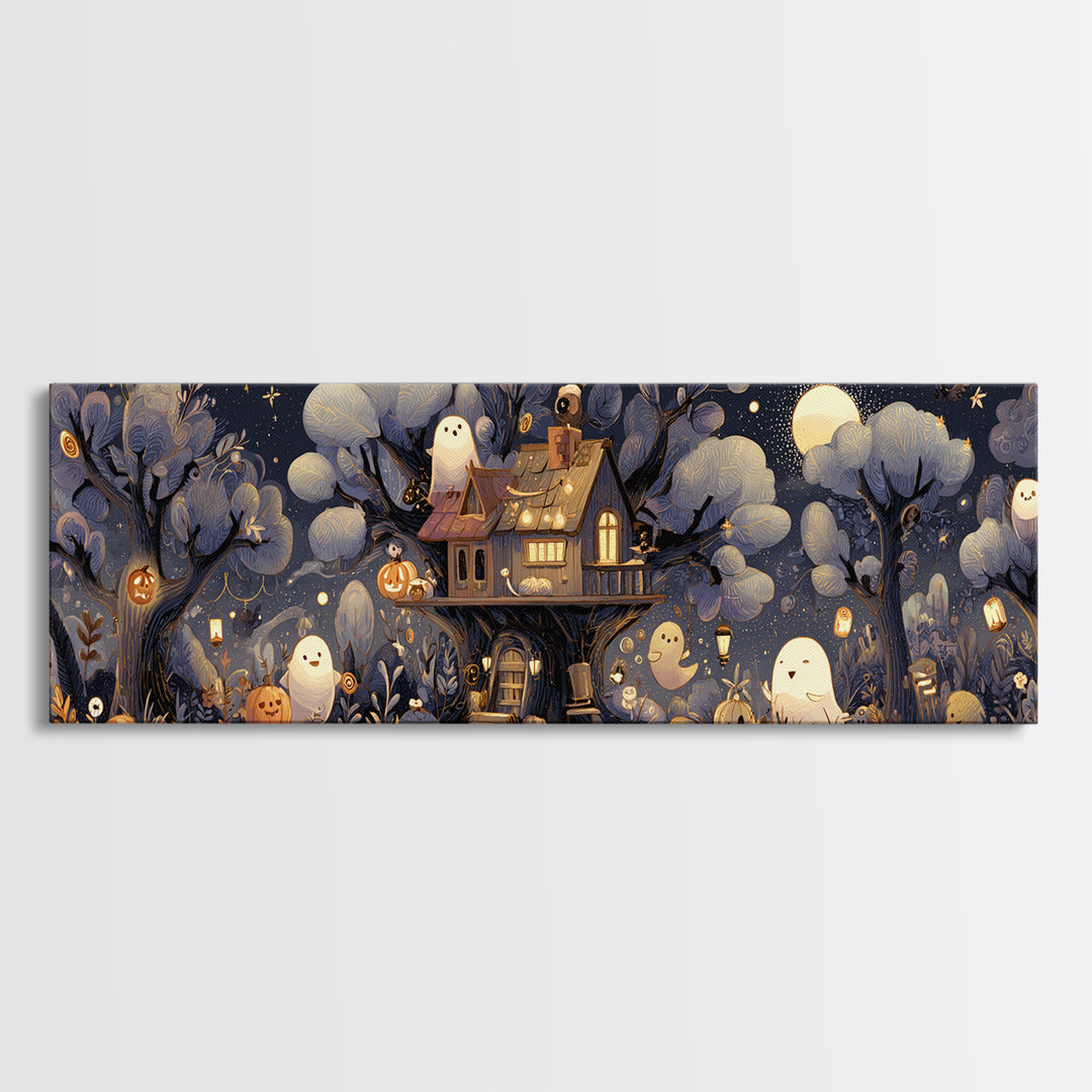 The Ghostly Treehouse, Pastel Halloween Art, Extra Wide Wall Art, Canvas Print, Cute Halloween Wall Art