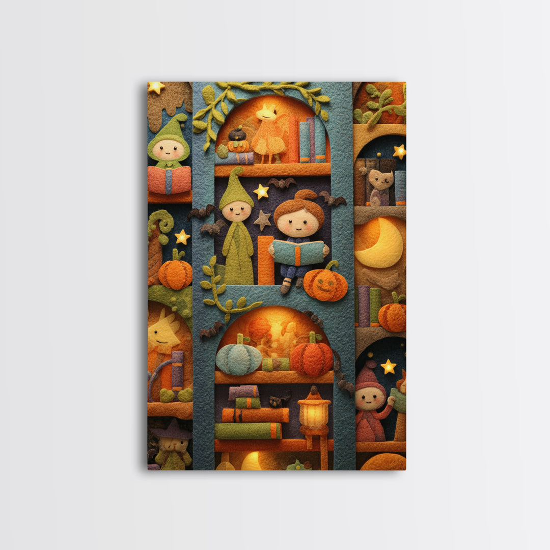 The Moonbeam Library, Felt Halloween Art, Vertical Wall Art, Canvas Print, Cute Halloween Wall Art, Whimsical Nursery Decor