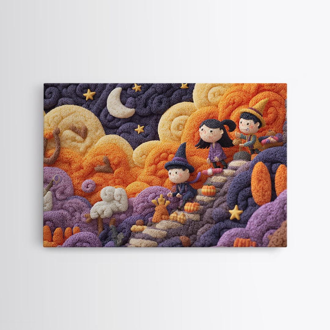 The Halloween Cloud Kingdom, Clay Halloween Art, Landscape Wall Art, Framed Canvas Print, Cute Halloween Wall Art