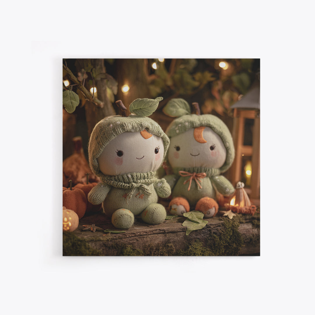 The Enchanted Apple Orchard, Plush Halloween Art, Square Wall Art, Canvas Print, Cute Halloween Wall Art