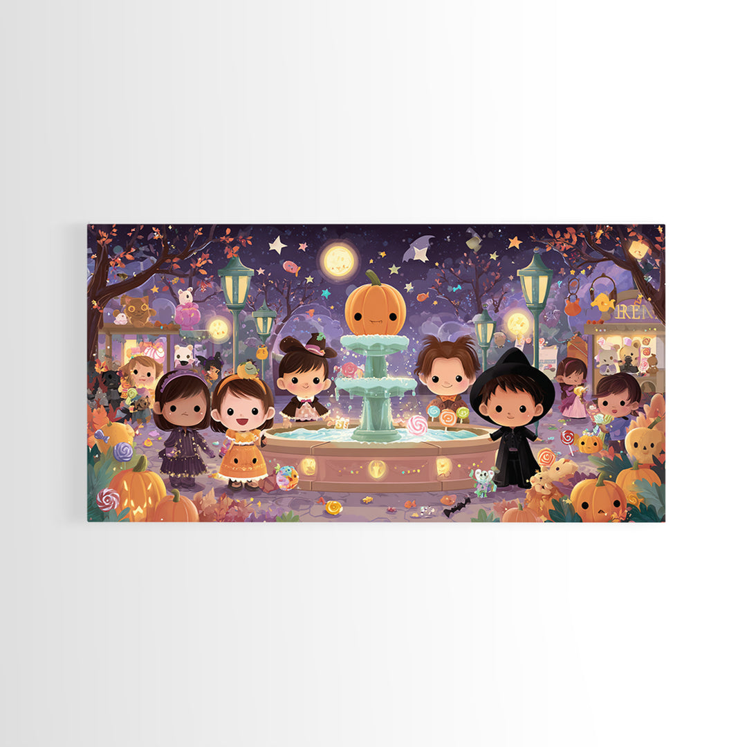 The Trick-Or-Treat Village Square, Kawaii Halloween Art, Wide Panoramic Art, Framed Canvas Print, Cute Halloween Wall Art