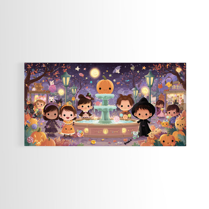 The Trick-Or-Treat Village Square, Kawaii Halloween Art, Wide Panoramic Art, Framed Canvas Print, Cute Halloween Wall Art