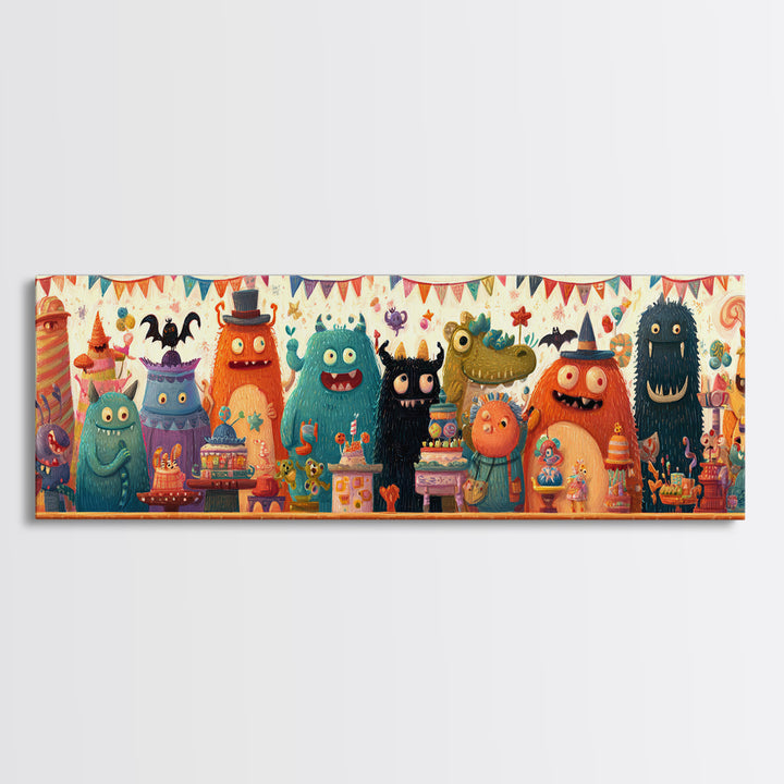 The Friendly Monster Market, Retro Halloween Art, Extra Wide Wall Art, Canvas Print, Cute Halloween Wall Art