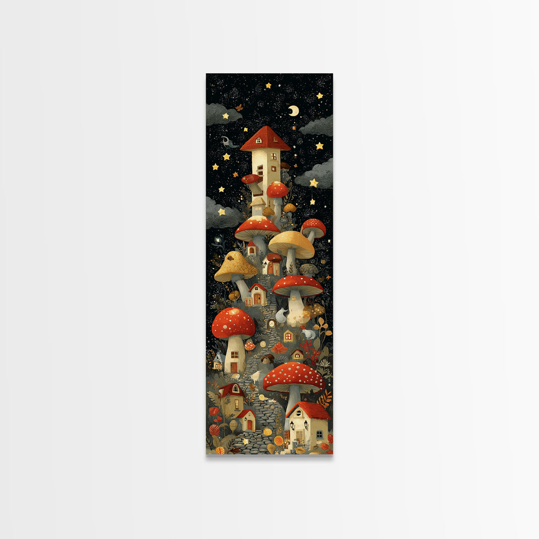 The Lantern-Lit Mushroom Village, Screenprint Halloween Art, Tall Narrow Wall Art, Framed Canvas Print, Cute Halloween Wall Art