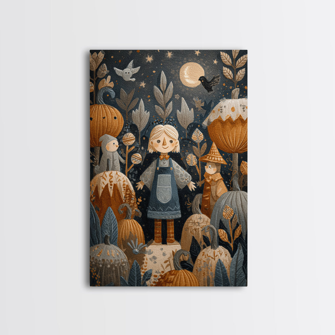 The Starry Pumpkin Farm, Folk Halloween Art, Vertical Wall Art, Canvas Print, Cute Halloween Wall Art