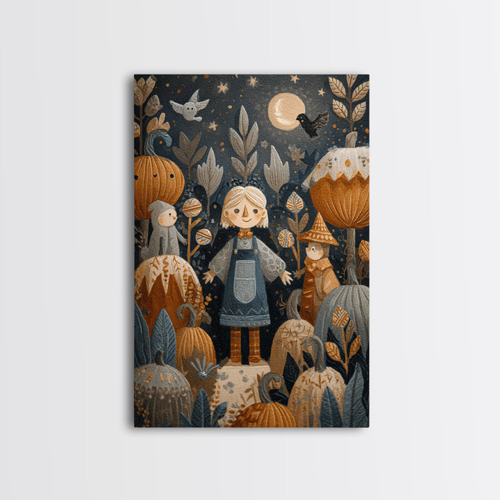The Starry Pumpkin Farm, Folk Halloween Art, Vertical Wall Art, Canvas Print, Cute Halloween Wall Art