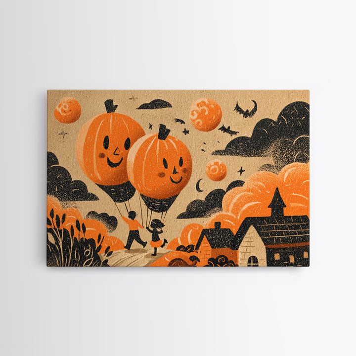The Pumpkin Balloon Parade, Linocut Halloween Art, Landscape Wall Art, Framed Canvas Print, Cute Halloween Wall Art
