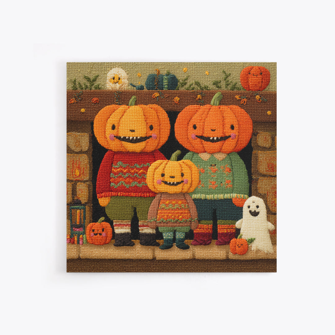 The Pumpkin Family Portrait, Embroidered Halloween Art, Square Wall Art, Canvas Print, Cute Halloween Wall Art