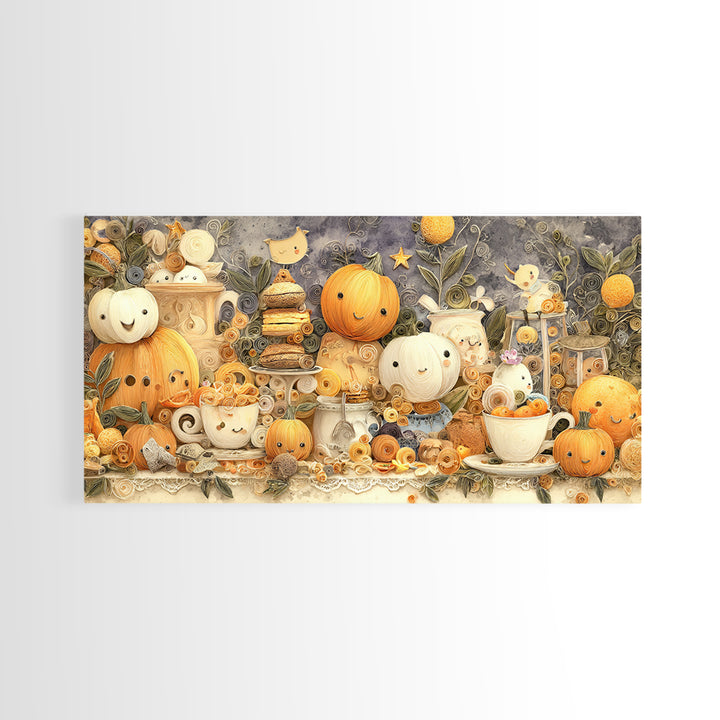 The Pumpkin Tea Party, Quilled Halloween Art, Wide Panoramic Art, Framed Canvas Print, Cute Halloween Wall Art