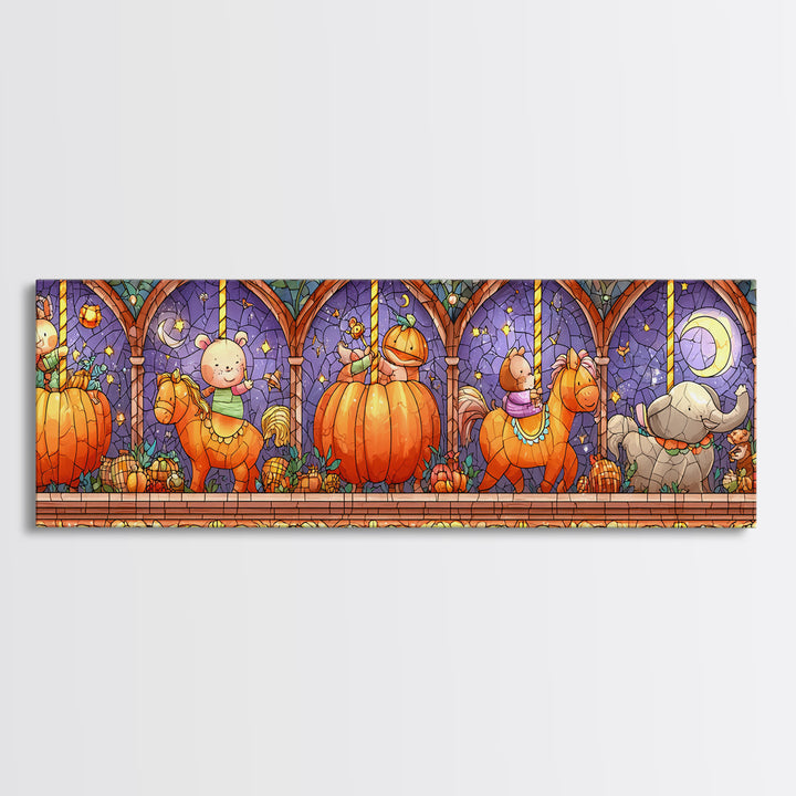 The Pumpkin Carousel, Stained Glass Halloween, Extra Wide Wall Art, Canvas Print, Cute Halloween Wall Art