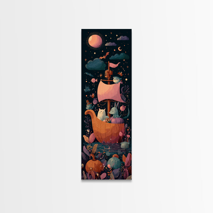 The Pumpkin Sailboat, Vaporwave Halloween Art, Tall Narrow Wall Art, Framed Canvas Print, Cute Halloween Wall Art