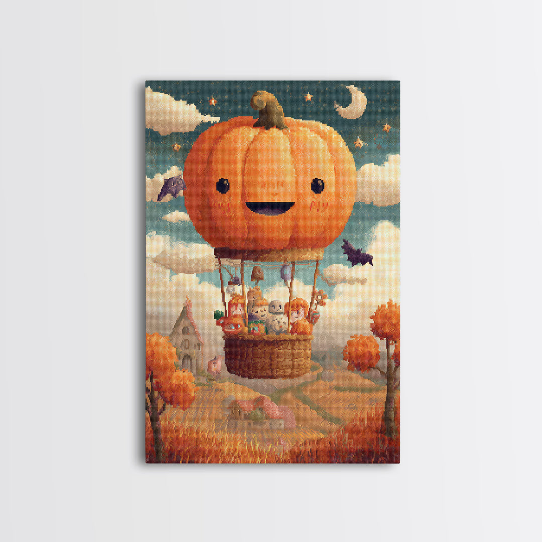 The Pumpkin Hot-Air Balloon, Pixel Halloween Art, Vertical Wall Art, Canvas Print, Cute Halloween Wall Art