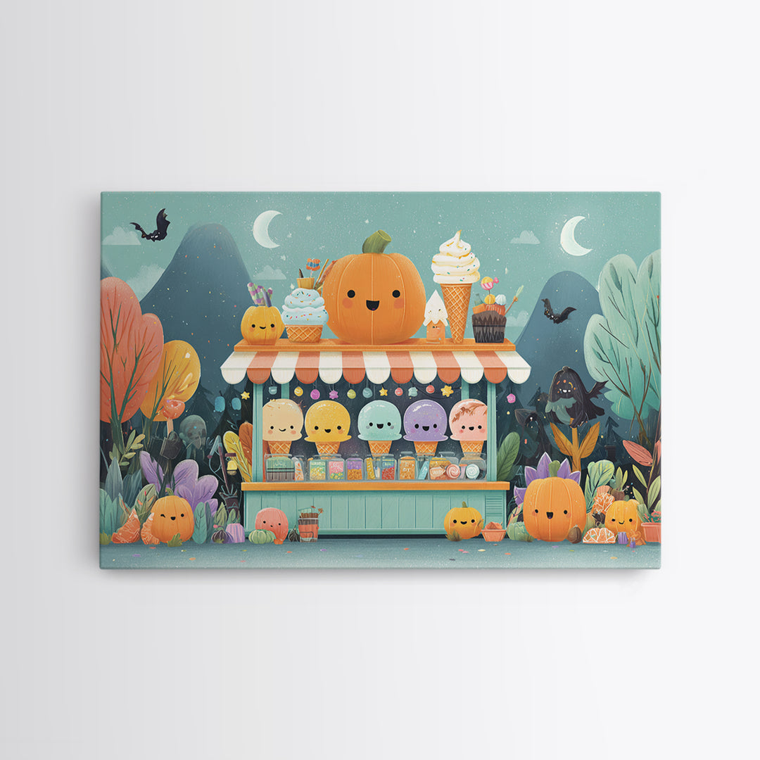The Pumpkin Ice-Cream Stand, Vector Halloween Art, Landscape Wall Art, Framed Canvas Print, Cute Halloween Wall Art