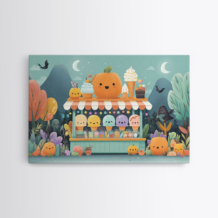 The Pumpkin Ice-Cream Stand, Vector Halloween Art, Landscape Wall Art, Framed Canvas Print, Cute Halloween Wall Art