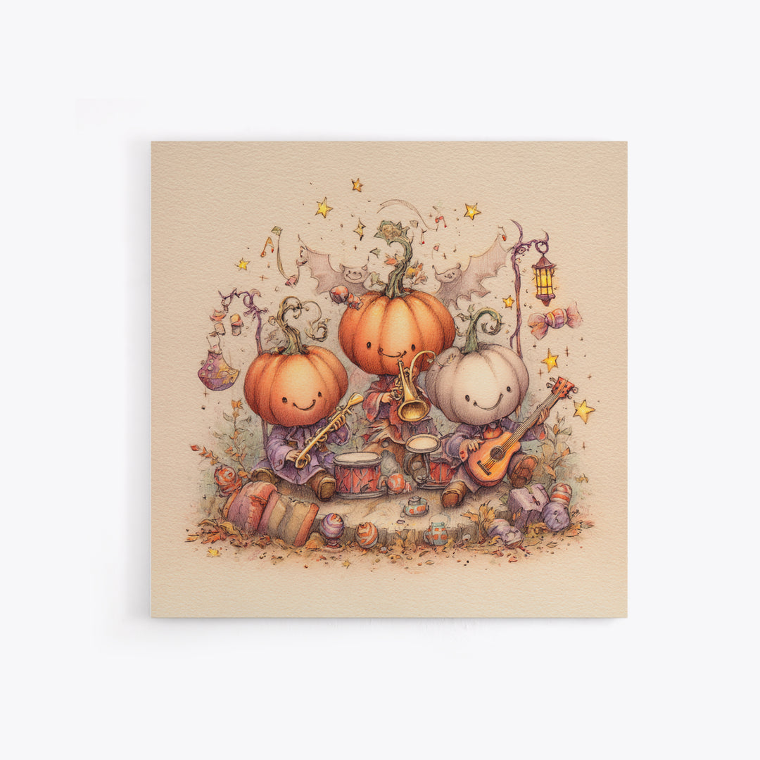 The Pumpkin Music Band, Hand Sketch Halloween Art, Square Wall Art, Canvas Print, Cute Halloween Wall Art