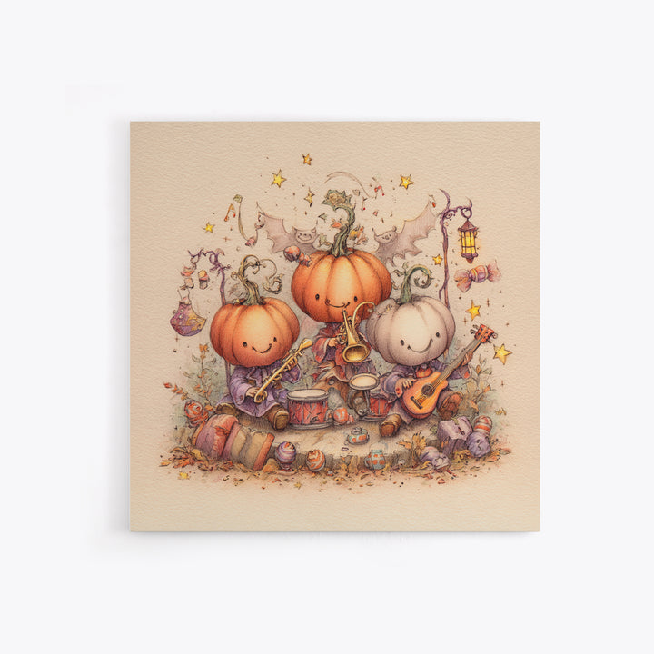 The Pumpkin Music Band, Hand Sketch Halloween Art, Square Wall Art, Canvas Print, Cute Halloween Wall Art