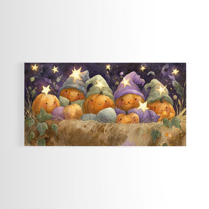 The Pumpkin Pajama Party, Watercolor Halloween Art, Wide Panoramic Art, Framed Canvas Print, Cute Halloween Wall Art