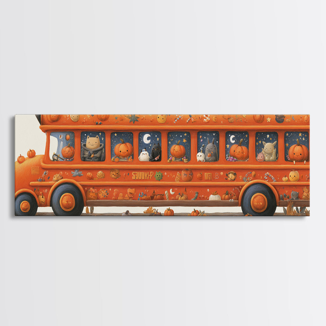 The Pumpkin School Bus, Gouache Halloween Art, Extra Wide Wall Art, Canvas Print, Cute Halloween Wall Art
