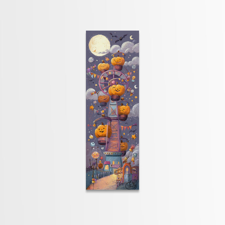 The Pumpkin Ferris Wheel, Crayon Halloween Art, Tall Narrow Wall Art, Framed Canvas Print, Cute Halloween Wall Art