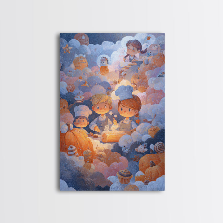 The Pumpkin Bakery, Pastel Halloween Art, Vertical Wall Art, Canvas Print, Cute Halloween Wall Art, Whimsical Nursery Decor