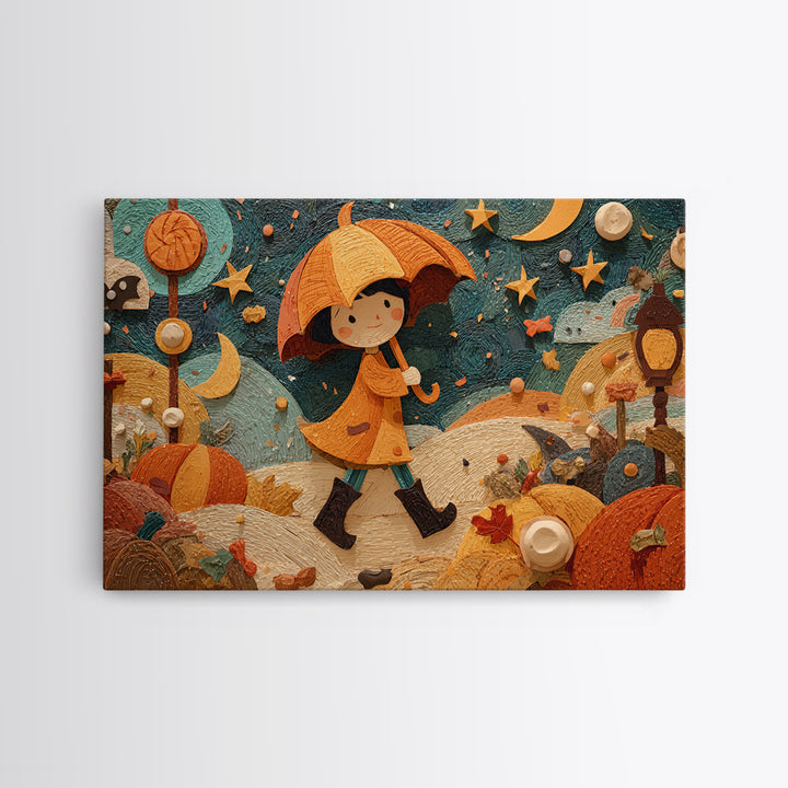 The Pumpkin Umbrella, Paper Collage Halloween, Landscape Wall Art, Framed Canvas Print, Cute Halloween Wall Art