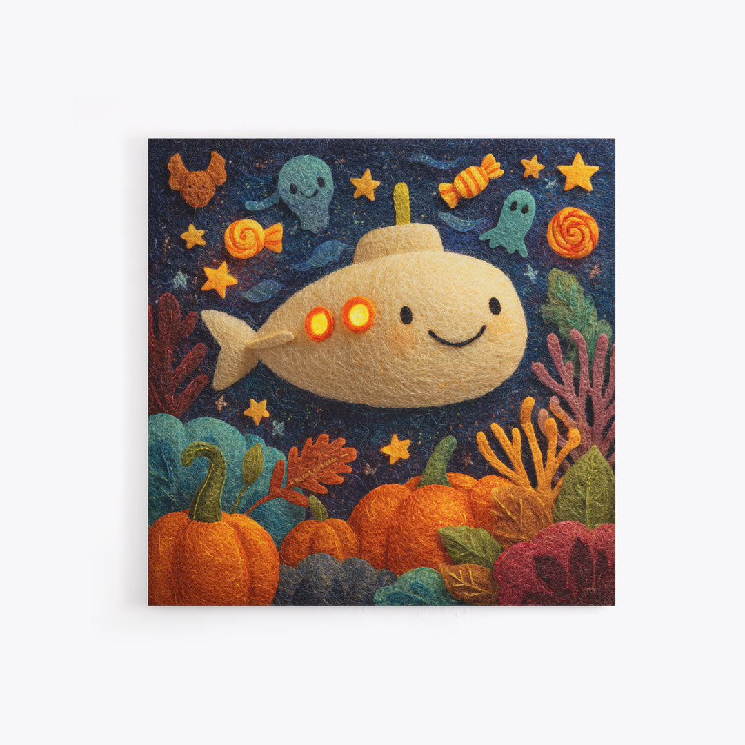 The Pumpkin Submarine, Felt Halloween Art, Square Wall Art, Canvas Print, Cute Halloween Wall Art, Halloween Kids Decor